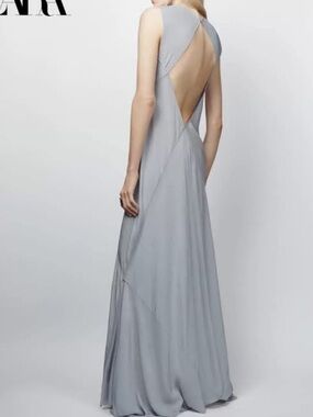 Zara | Dresses | Zara Silver Metallic Backless Halter Maxi Dress